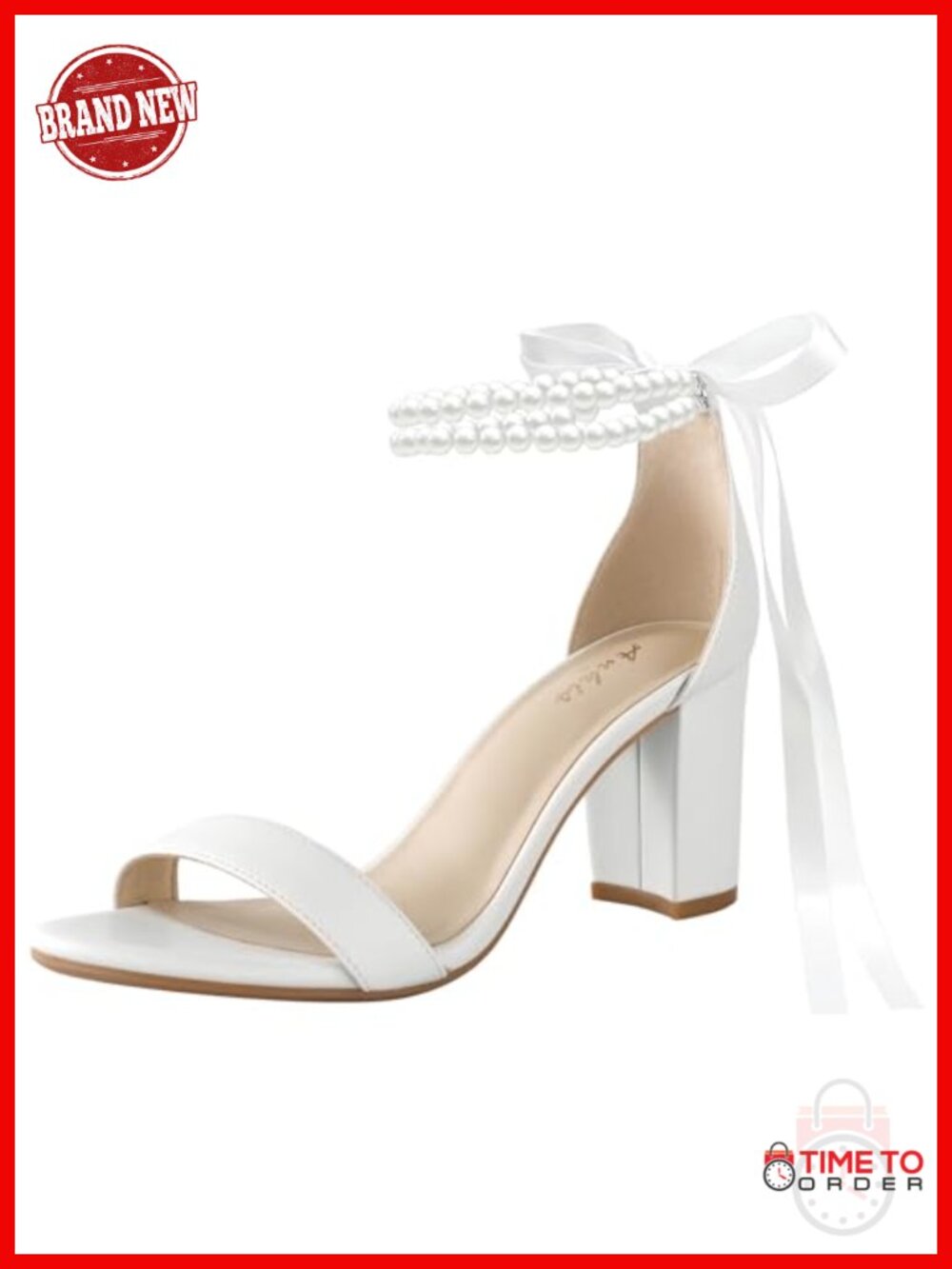 Women's Pearl Bow Heeled Sandals Chunky Block Heel Open Toe Ankle Strap 2.75